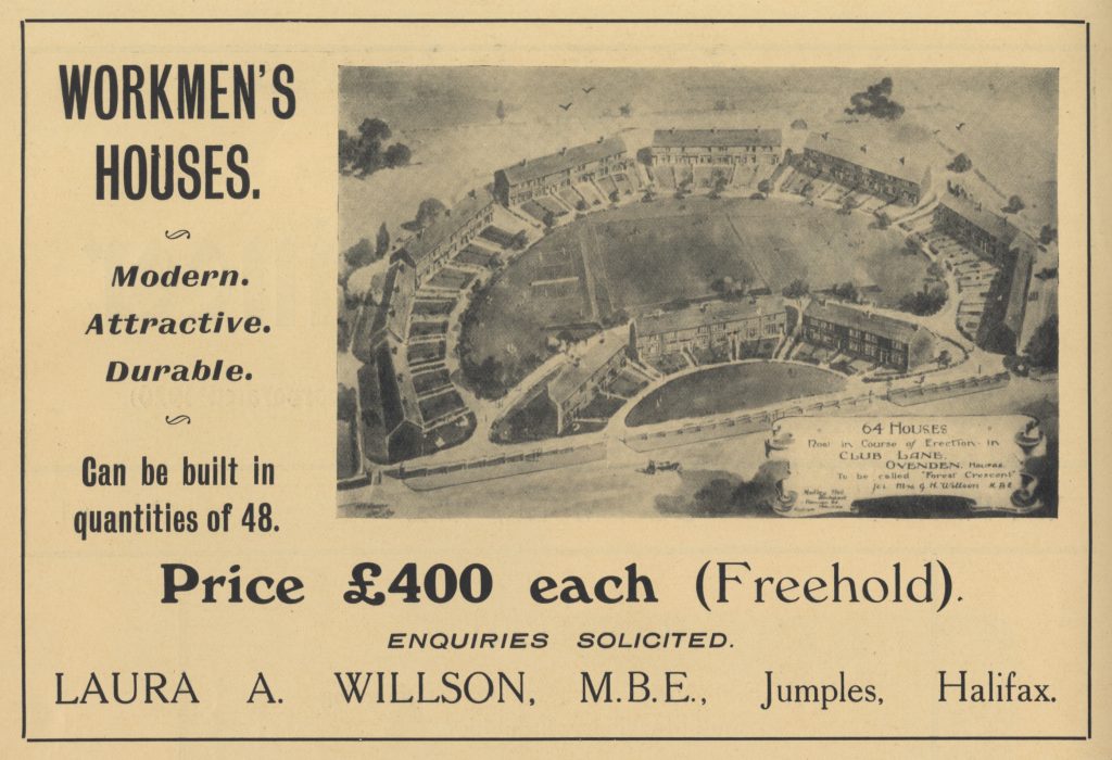 Advertisement for Laura Annie Willson's first housing scheme in Ovenden, Halifax, 1925
