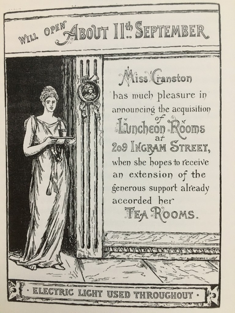 Advertisement for the extension of Kate Cranston's Ingram Street Tea Rooms in 1888. 
